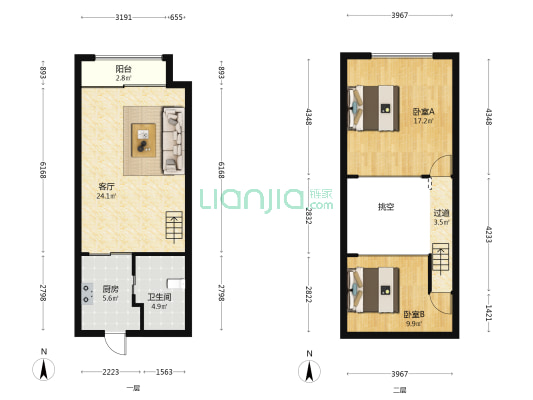 奉化万达广场 2室1厅1卫 55平方