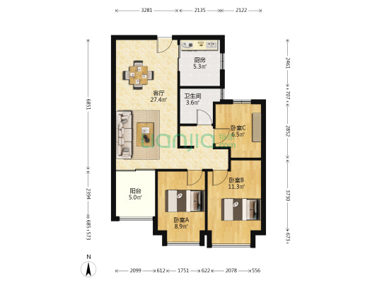 招商愉樾 3室1厅1卫 88平方