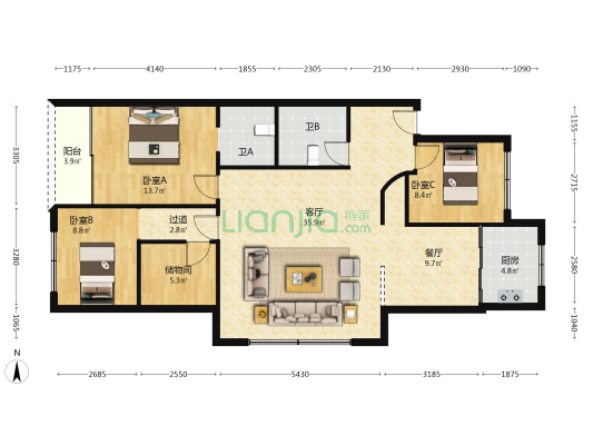 双排街小区 3室2厅2卫 120平方