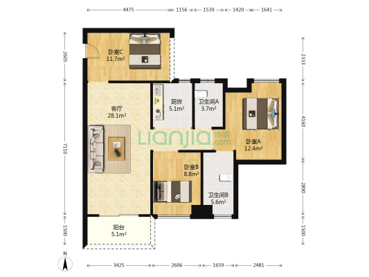 珠江四季悦城 3室1厅2卫 95平方