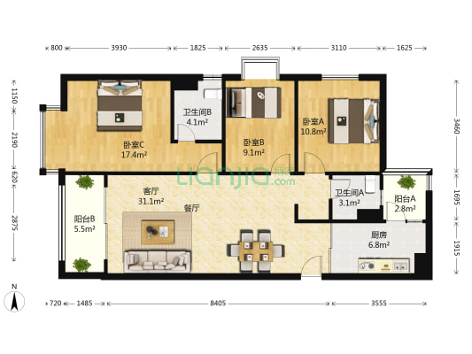 金地悦天下珺悦 3室1厅2卫 105平方