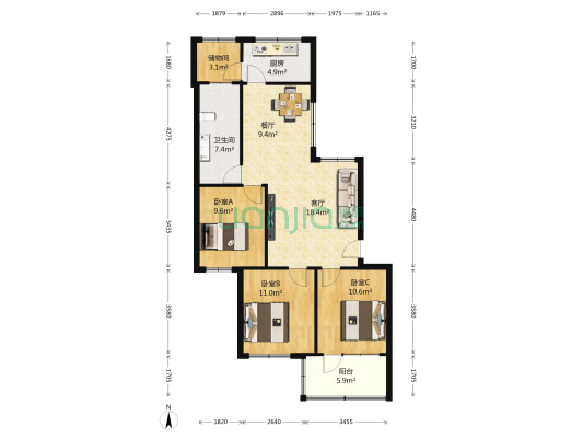 张店区机关第一宿舍 3室2厅1卫 101平方
