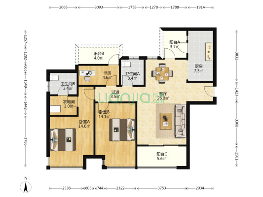东林道一二期 3室1厅2卫 119平方