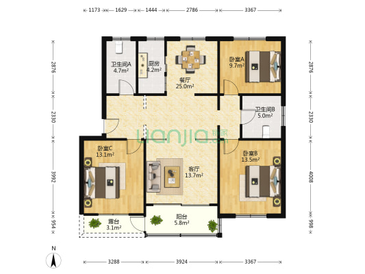 锦苑小区 3室2厅2卫 110平方