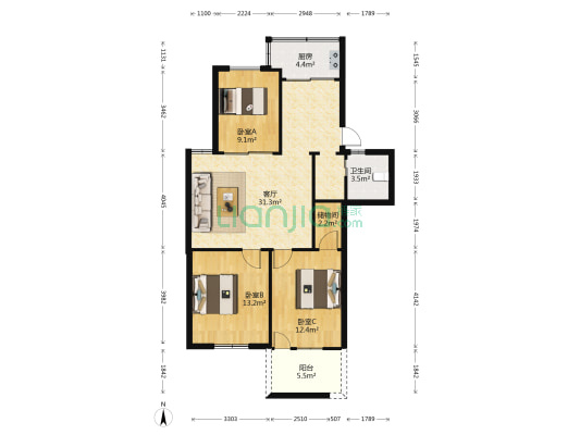 洋洽小区 3室1厅1卫 94平方