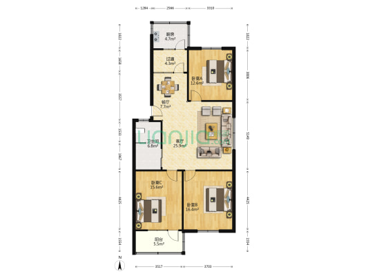晋安苑小区 3室2厅1卫 130平方