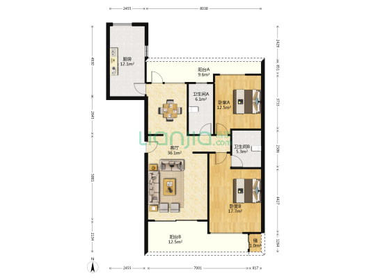 绿城钱王文化广场锦玉园 2室1厅2卫 145平方