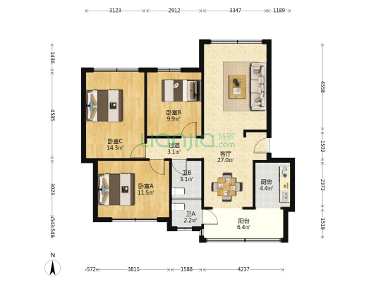 天山北路101号 3室1厅2卫 106平方