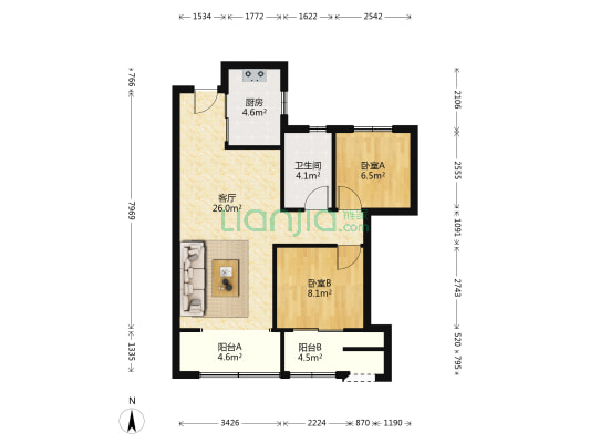 华盛南院 2室1厅1卫 90平方