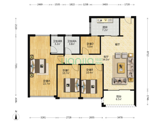 顺府江南 4室1厅2卫 108平方