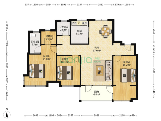 万科龙湖城市之光南区 3室1厅2卫 126平方