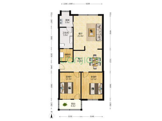 煤炭大院 2室2厅1卫 69平方