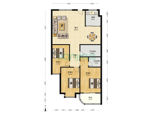 新都佳苑 3室1厅2卫 148平方