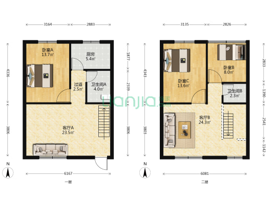 雁北花园 3室2厅2卫 124平方