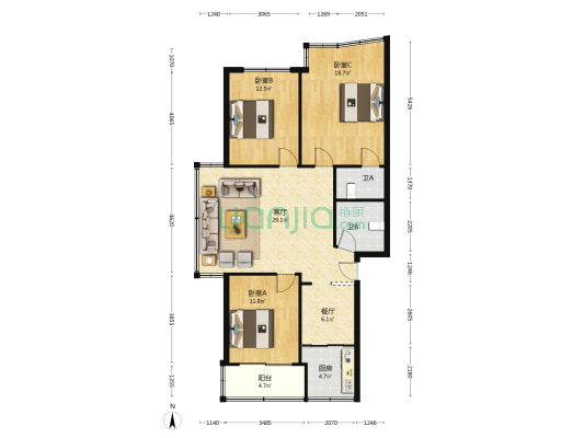 龙浦路 3室2厅2卫 120平方