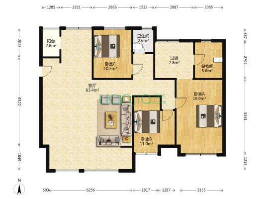 仟坤伊顿庄园 3室1厅1卫 124平方