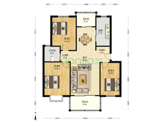 宝城名苑 3室1厅1卫 113平方