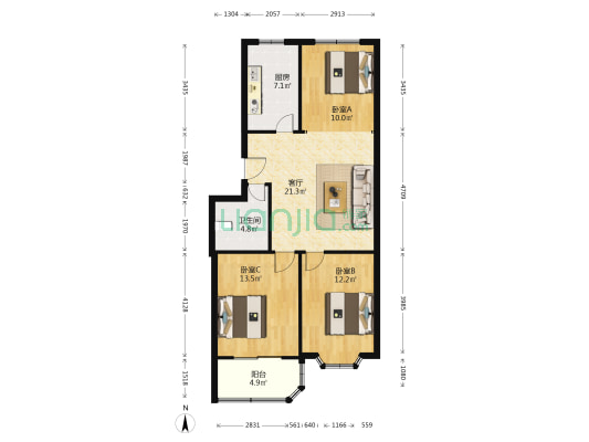 富鑫花园 3室1厅1卫 92平方