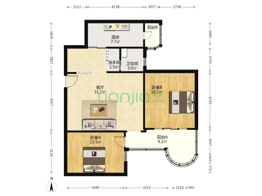 八方大厦 2室1厅2卫 113平方