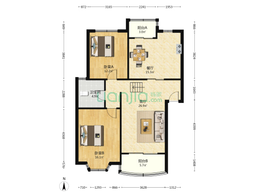 上海明珠花园 2室2厅1卫 100平方