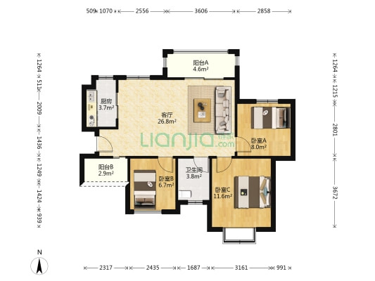 蓉垚北尚城 3室1厅1卫 85平方