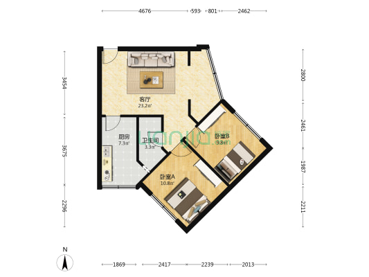 青华北一街10号 2室1厅1卫 66平方
