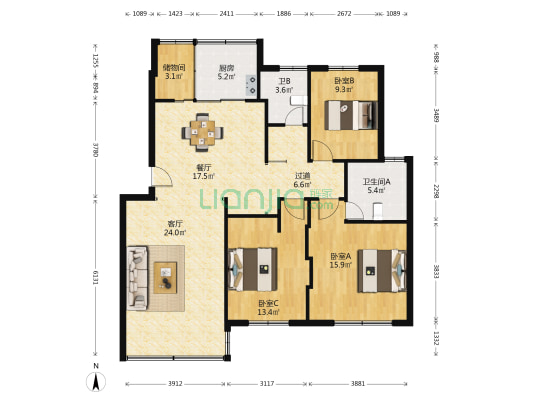 海景花园 3室2厅2卫 126平方