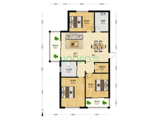 开元悦都 3室1厅1卫 121平方