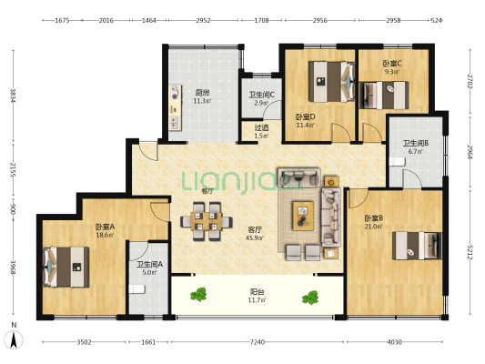荣安映樾庄 4室1厅3卫 180平方