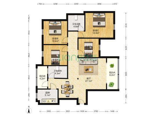 洞庭名邸 4室2厅2卫 142平方