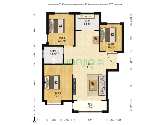 宝境檀香 3室1厅1卫 116平方
