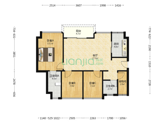 阳光城翡丽山 3室1厅2卫 95平方