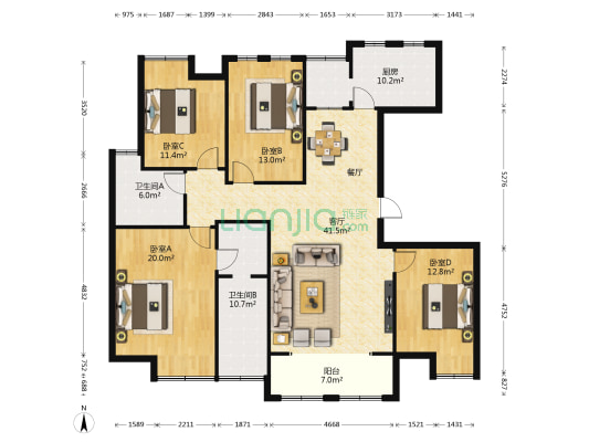德杰国际城 4室1厅2卫 157平方