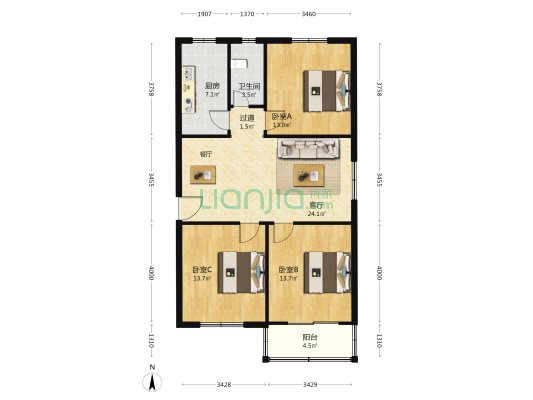 明光路536大院 3室1厅1卫 96平方