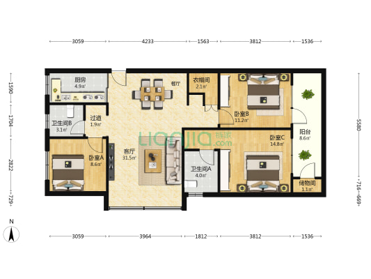 中高名人国际花园B区 3室1厅2卫 116平方