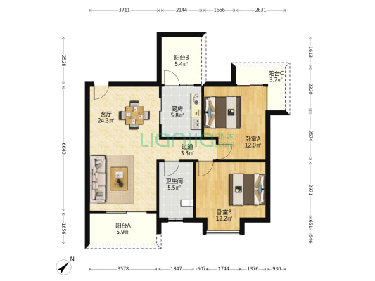 花和小城 2室1厅1卫 88平方