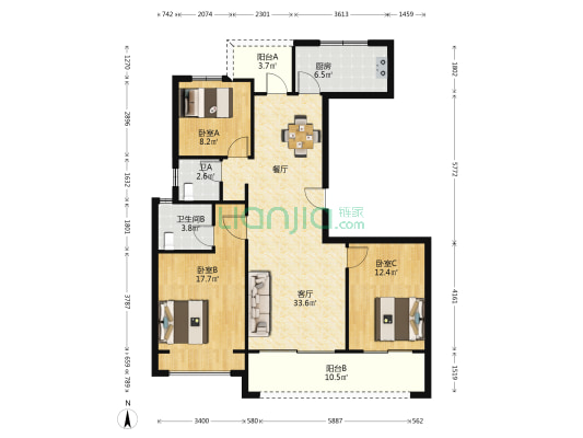 中建观湖国际三期 3室1厅2卫 130平方