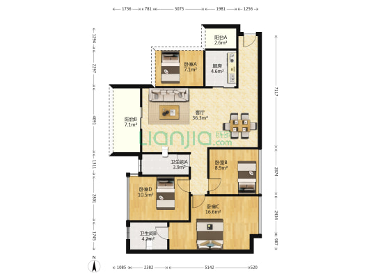 鑫月广场 4室1厅2卫 117平方