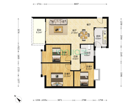 锦绣新城一期 3室1厅1卫 90平方