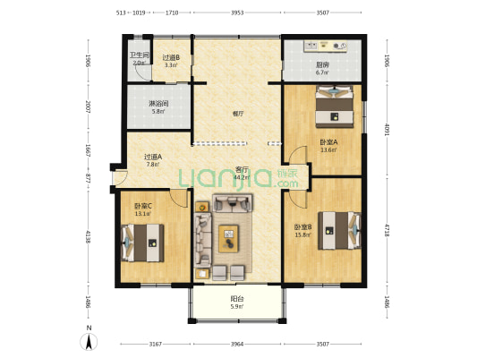 交通局宿舍楼 3室1厅2卫 128平方