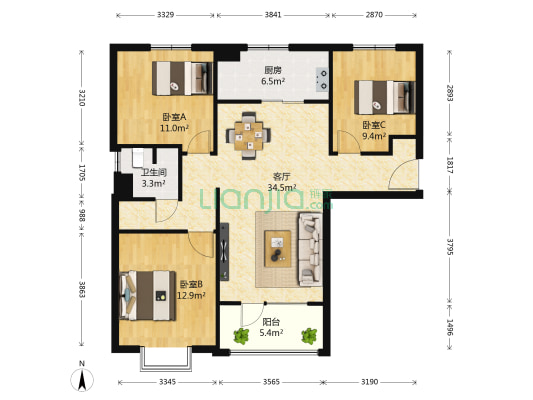 万科桃花源一期 3室1厅1卫 105平方