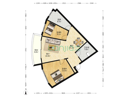 名都苑 2室2厅1卫 83平方