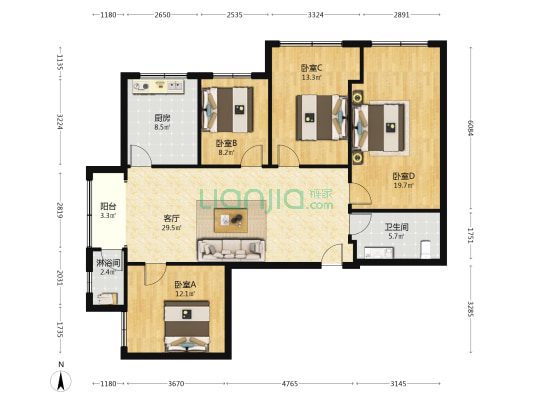 冠华大厦 4室1厅2卫 128平方