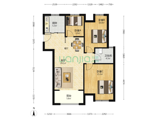 天成峰景 3室1厅1卫 95平方