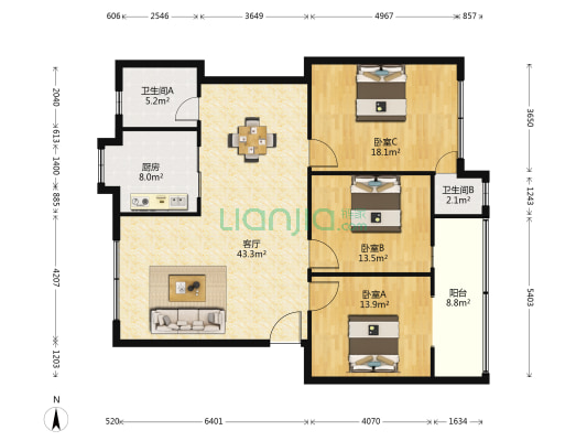 环保局家属院(襄州区) 3室1厅2卫 127平方