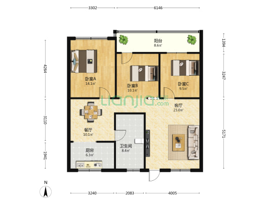海南省财政厅宿舍 3室2厅1卫 93平方