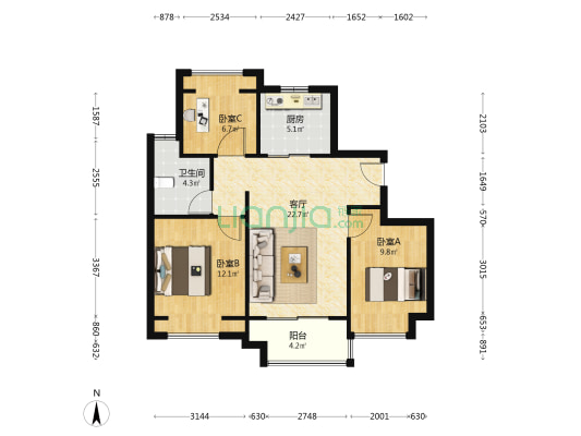 云湖壹号 3室1厅1卫 87平方