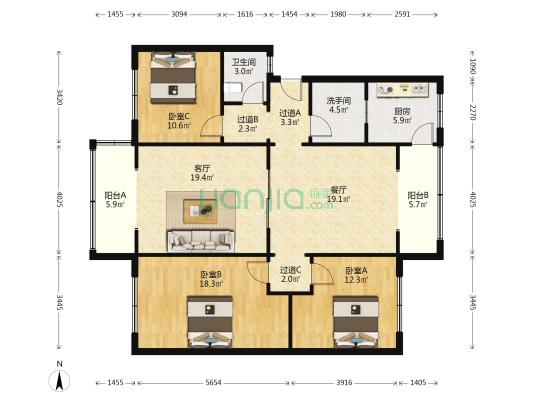 包家巷77号院 3室2厅2卫 128平方