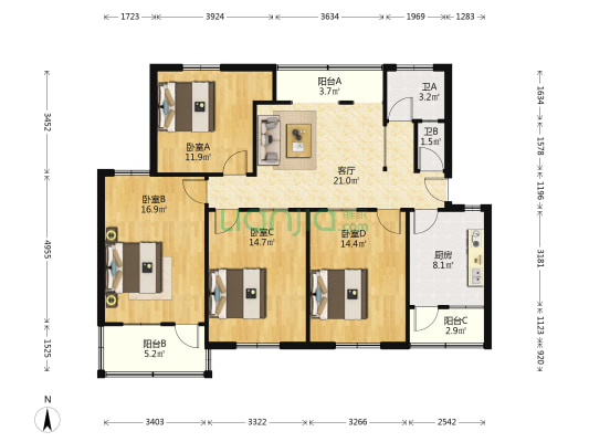 纺织厅小区 4室1厅2卫 119平方
