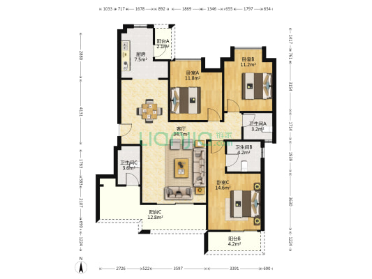 鸥鹏御府 3室1厅3卫 121平方